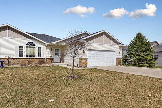 ranch-style home featuring a garage, driveway, stone siding, and a front yard
