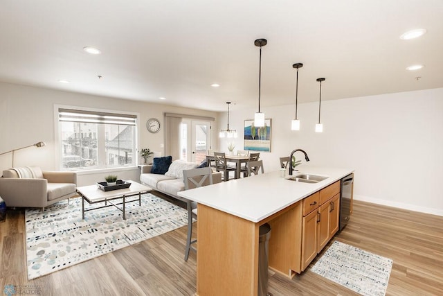 kitchen with light wood-type flooring, dishwasher, a sink, light countertops, and open floor plan