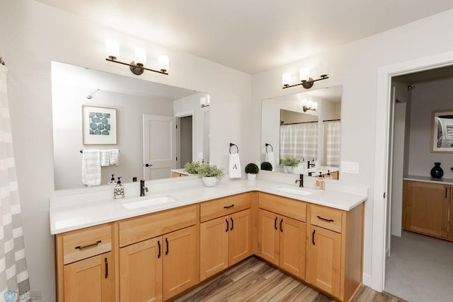 bathroom featuring double vanity, a sink, and wood finished floors