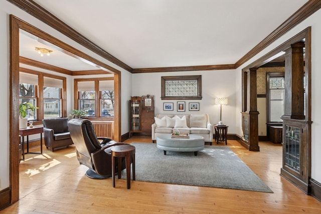 living room featuring crown molding, decorative columns, and a wealth of natural light