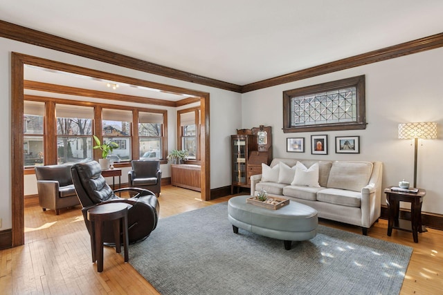 living area with baseboards, ornamental molding, and light wood-type flooring