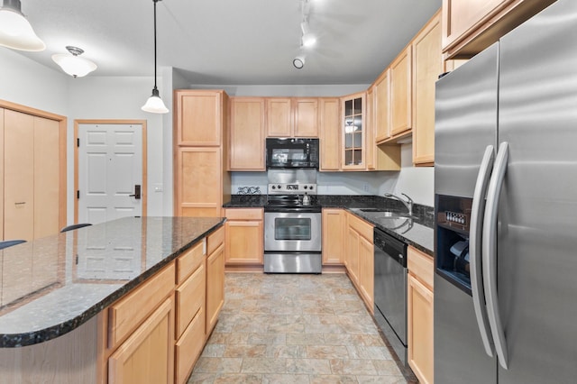 7100 Metro Blvd Unit 116, Edina, MN 55439 - kitchen featuring stainless steel appliances, light brown cabinets, a sink, glass insert cabinets, and stone finish floors