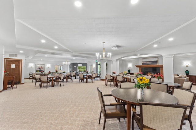 7100 Metro Blvd Unit 116, Edina, MN 55439 - dining space with recessed lighting, light colored carpet, and a lit fireplace