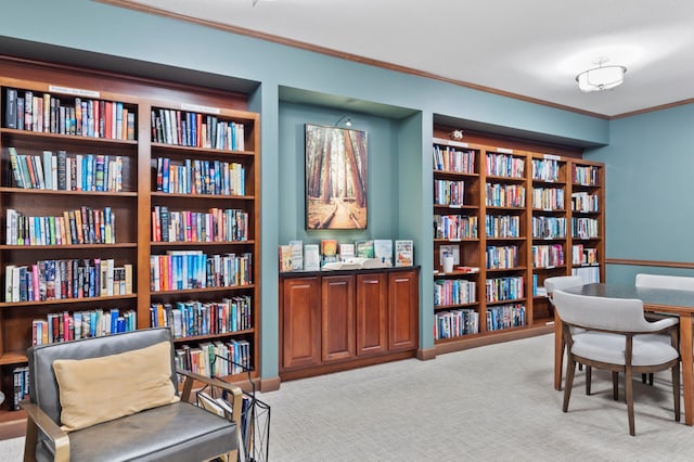 7100 Metro Blvd Unit 116, Edina, MN 55439 - living area with wall of books, crown molding, and light carpet