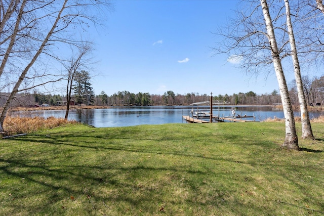 dock area with a water view and a lawn