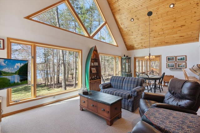 living room with high vaulted ceiling, a chandelier, carpet floors, and wood ceiling