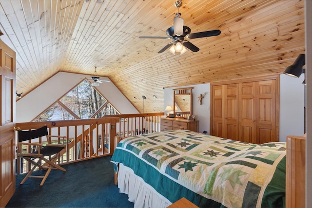 carpeted bedroom with lofted ceiling, wooden ceiling, and a closet