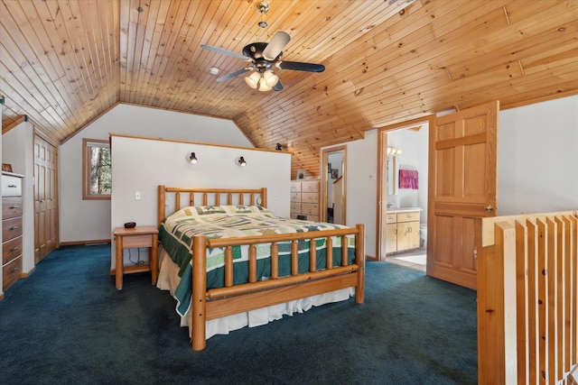 carpeted bedroom featuring lofted ceiling, wooden ceiling, ensuite bath, and a ceiling fan