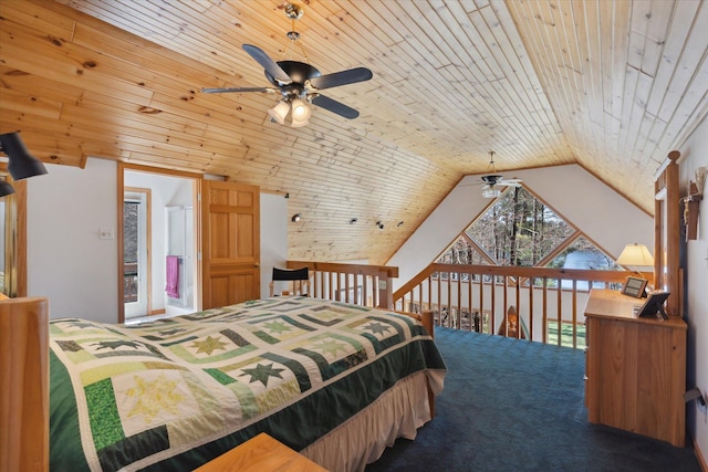 bedroom featuring vaulted ceiling, carpet floors, and wood ceiling