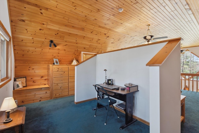 carpeted office with a ceiling fan, wooden walls, wood ceiling, and lofted ceiling