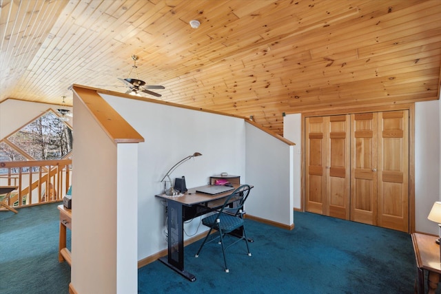carpeted office space with vaulted ceiling, wood ceiling, ceiling fan, and baseboards