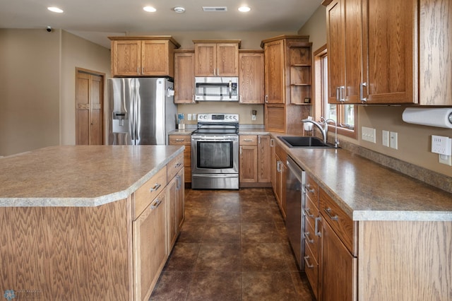 kitchen featuring a sink, appliances with stainless steel finishes, open shelves, and recessed lighting