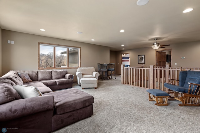 living room with carpet floors, ceiling fan, and recessed lighting