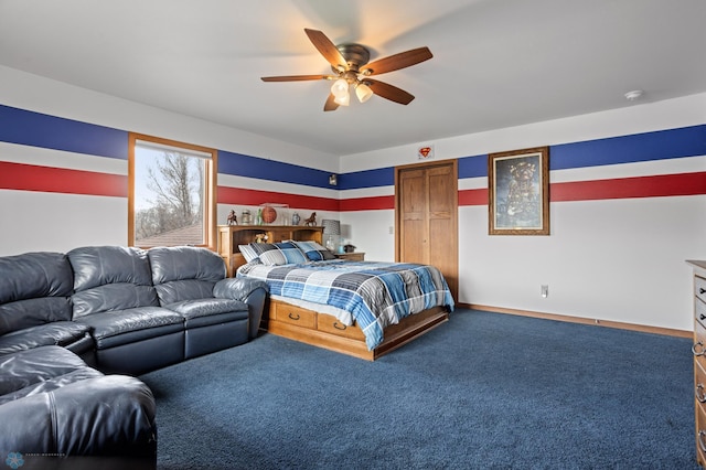bedroom featuring carpet floors and ceiling fan