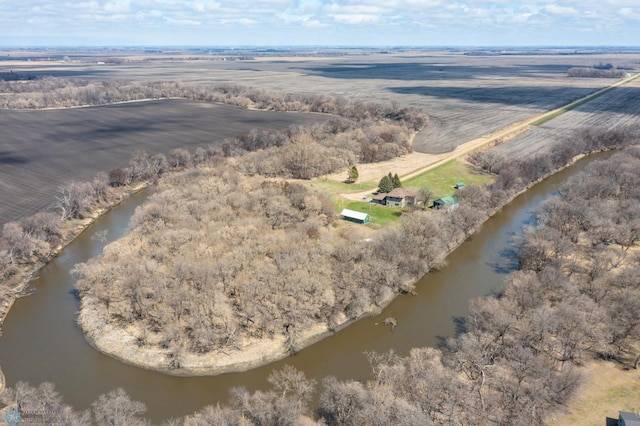 aerial view featuring a water view and a rural view