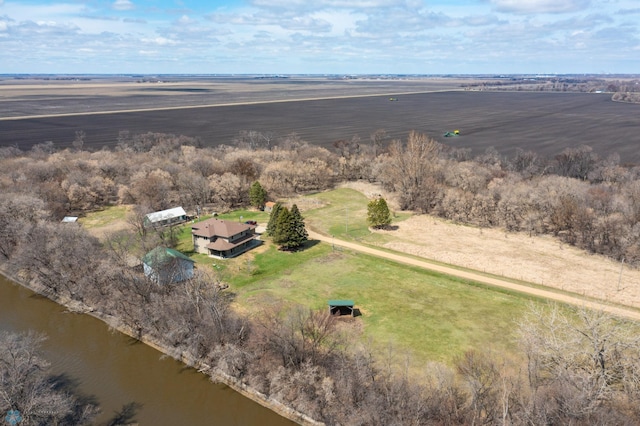 aerial view featuring a water view and a rural view