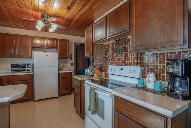 kitchen featuring ceiling fan, white appliances, wood ceiling, and backsplash