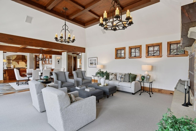 12535 Beach Cir, Eden Prairie, MN 55344 - living area with a chandelier, carpet floors, wood ceiling, and beamed ceiling