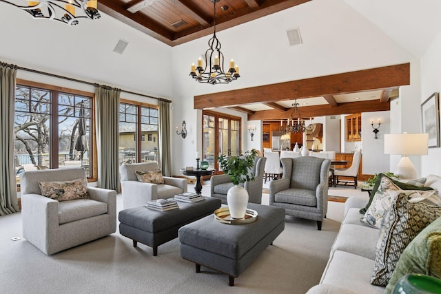 12535 Beach Cir, Eden Prairie, MN 55344 - living area with beam ceiling, visible vents, an inviting chandelier, wood ceiling, and carpet floors