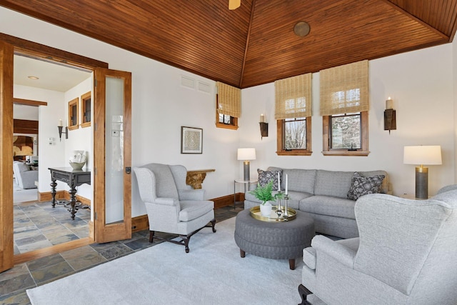 12535 Beach Cir, Eden Prairie, MN 55344 - living area featuring stone finish floor, baseboards, visible vents, and wooden ceiling