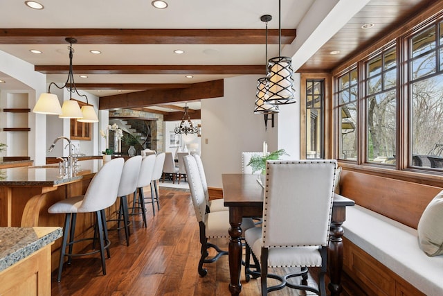 12535 Beach Cir, Eden Prairie, MN 55344 - dining space featuring beamed ceiling, recessed lighting, a chandelier, and dark wood-style flooring