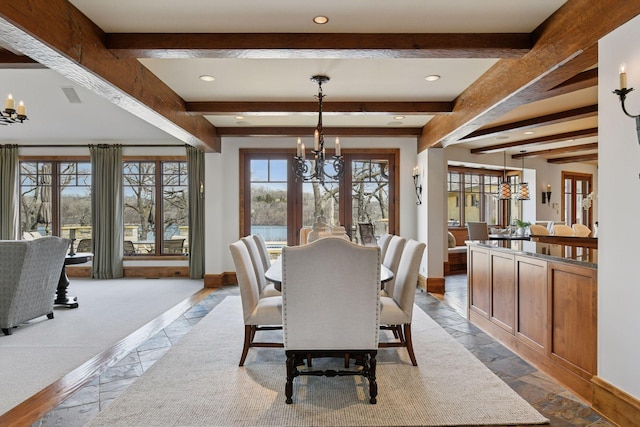12535 Beach Cir, Eden Prairie, MN 55344 - dining room with baseboards, a notable chandelier, and beamed ceiling