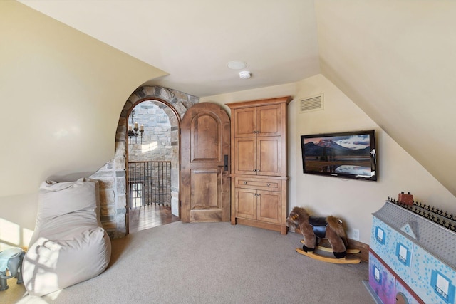 12535 Beach Cir, Eden Prairie, MN 55344 - playroom featuring light colored carpet, lofted ceiling, and visible vents
