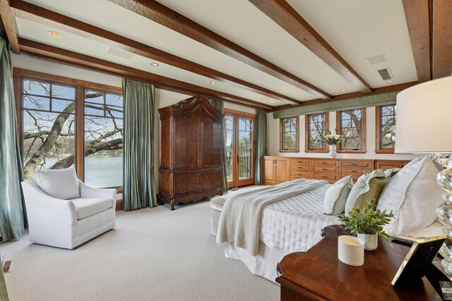 12535 Beach Cir, Eden Prairie, MN 55344 - bedroom featuring beamed ceiling, visible vents, and carpet flooring