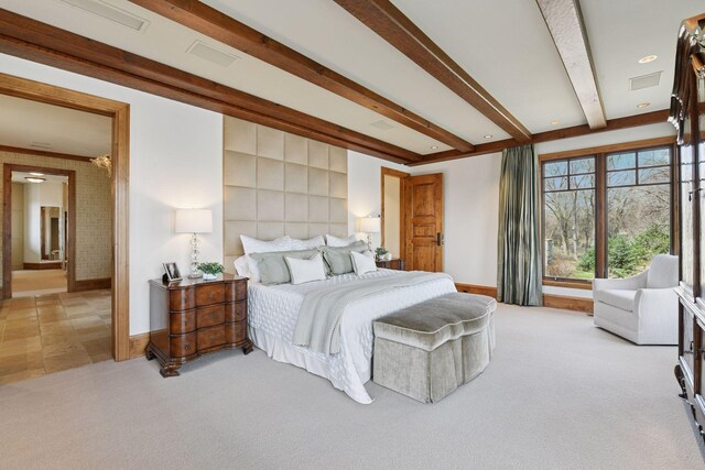 12535 Beach Cir, Eden Prairie, MN 55344 - carpeted bedroom featuring visible vents, baseboards, and beam ceiling