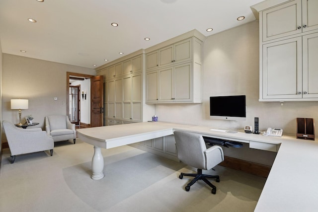 12535 Beach Cir, Eden Prairie, MN 55344 - home office with light colored carpet, built in desk, and recessed lighting