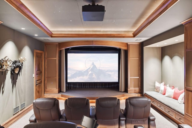 12535 Beach Cir, Eden Prairie, MN 55344 - carpeted home theater room with visible vents, recessed lighting, and a raised ceiling