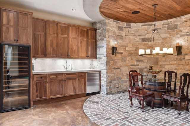 12535 Beach Cir, Eden Prairie, MN 55344 - bar with wine cooler, dishwasher, wood ceiling, pendant lighting, and refrigerator