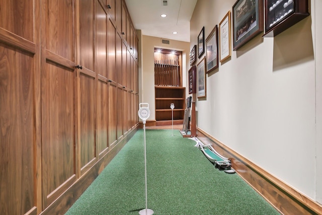 12535 Beach Cir, Eden Prairie, MN 55344 - hall with dark carpet, baseboards, visible vents, and recessed lighting
