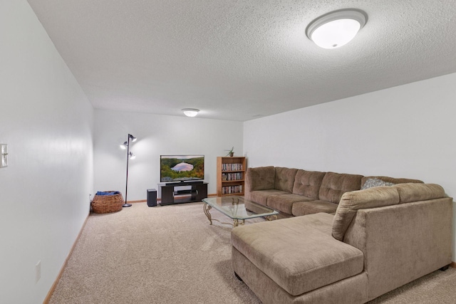 living area featuring a textured ceiling and light carpet