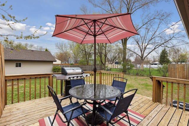 wooden deck featuring a lawn, outdoor dining space, a fenced backyard, and a grill