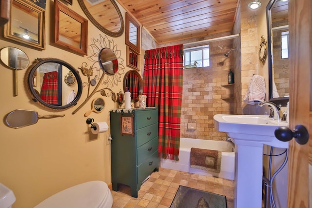 bathroom with toilet, wood ceiling, and shower / bath combo