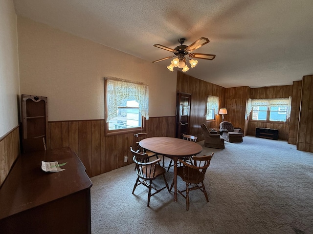 128 Munsterman St, Appleton, MN 56208 - dining room with a ceiling fan, a textured ceiling, wooden walls, a wainscoted wall, and carpet