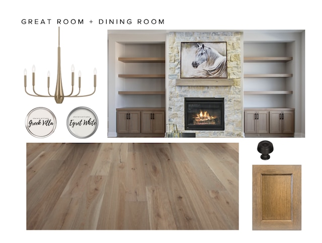 unfurnished living room featuring built in features, wood finished floors, and a fireplace