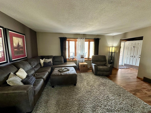 living area featuring wood finished floors and a textured ceiling