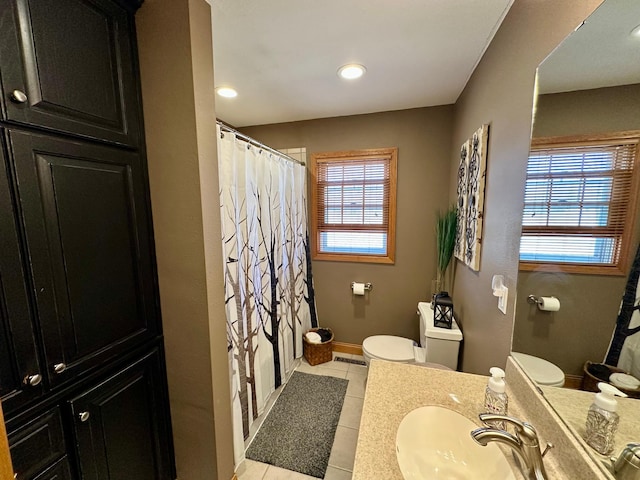 bathroom with tile patterned floors, visible vents, curtained shower, and toilet