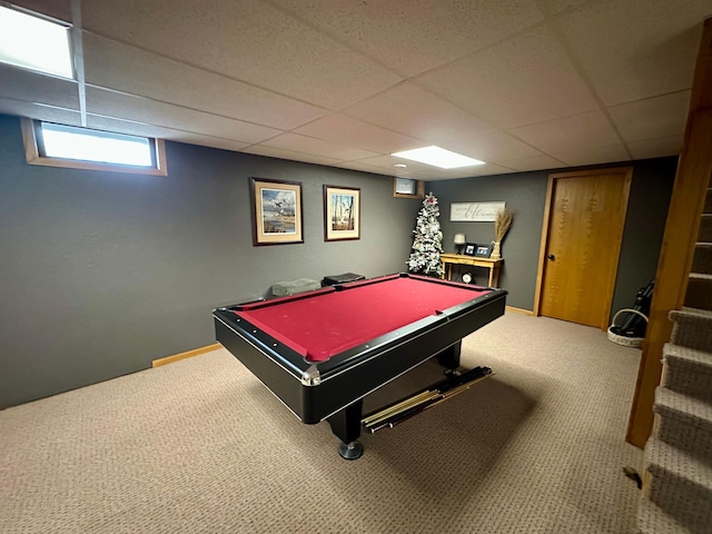 recreation room featuring carpet flooring, a drop ceiling, and billiards