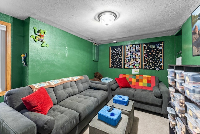 carpeted living room featuring a textured ceiling