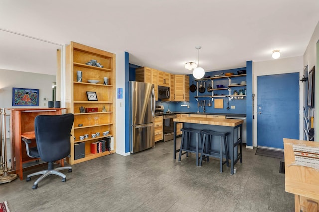 121 Washington Ave S Unit 1508, Minneapolis, MN 55401 - kitchen featuring stainless steel appliances, open shelves, wooden counters, decorative light fixtures, and a kitchen bar