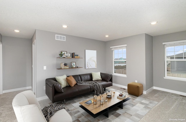 3088 Sunflower Way NW, Prior Lake, MN 55352 - living room featuring light colored carpet, baseboards, plenty of natural light, recessed lighting, and a textured ceiling