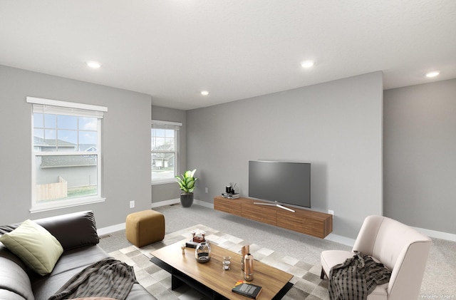 3088 Sunflower Way NW, Prior Lake, MN 55352 - living room featuring light colored carpet, recessed lighting, and baseboards