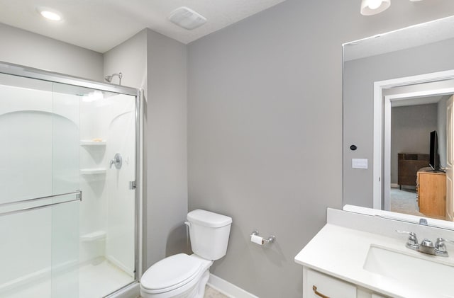 3088 Sunflower Way NW, Prior Lake, MN 55352 - full bathroom featuring toilet, a stall shower, vanity, and baseboards