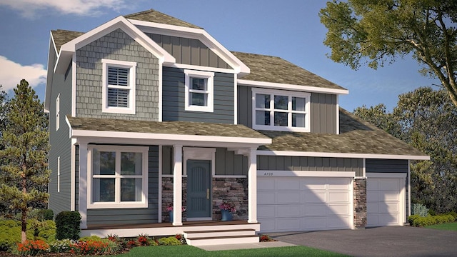 view of front facade with concrete driveway, covered porch, a shingled roof, and board and batten siding