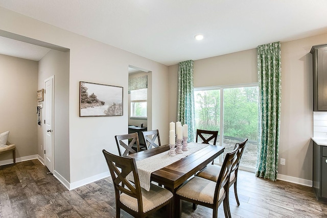 dining room featuring baseboards, recessed lighting, and dark wood-style flooring