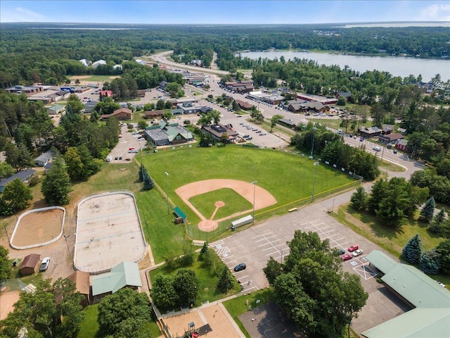 drone / aerial view with a view of trees and a water view