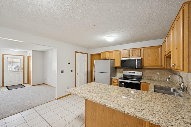 kitchen featuring a peninsula, light colored carpet, tasteful backsplash, a sink, and appliances with stainless steel finishes